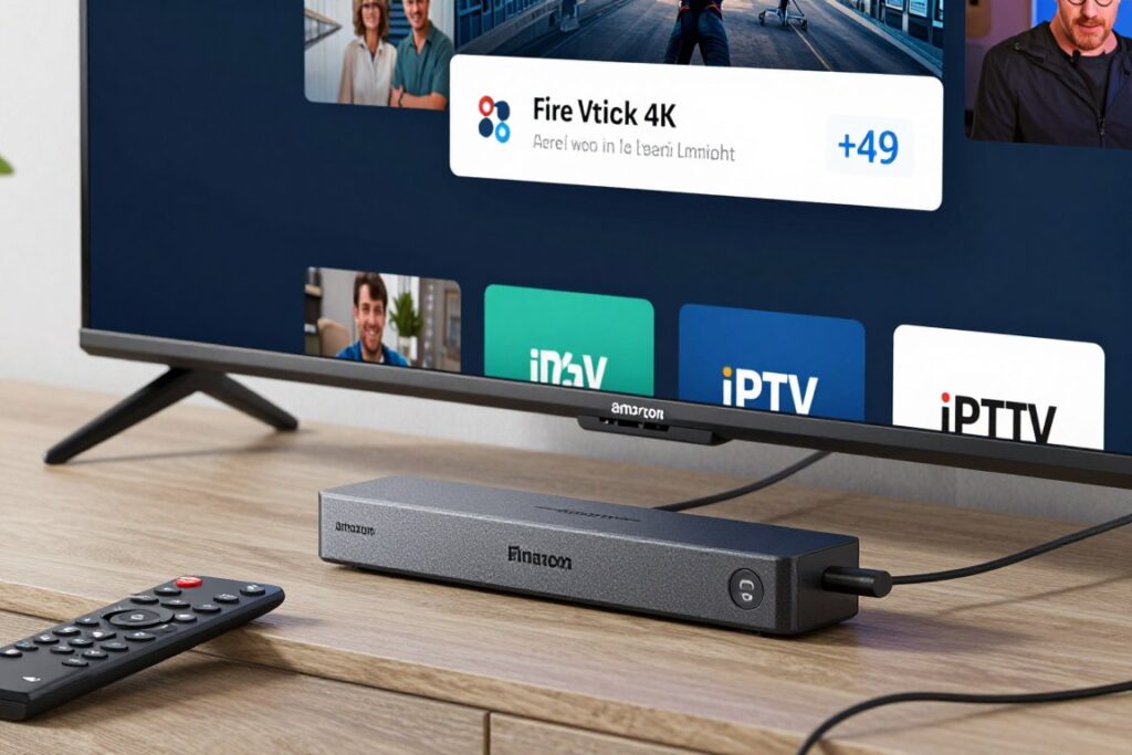 Amazon Fire Stick connected to TV with IPTV app installation screen displayed