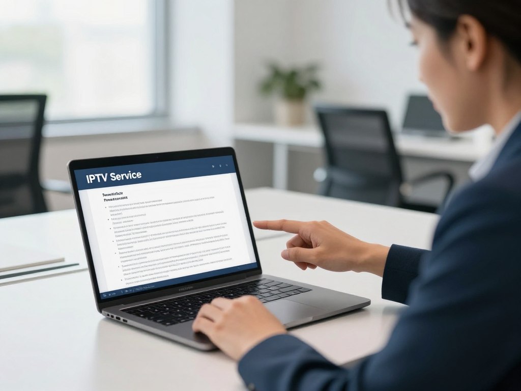 Business professional reviewing IPTV service agreement on laptop with Canadian legal documents
