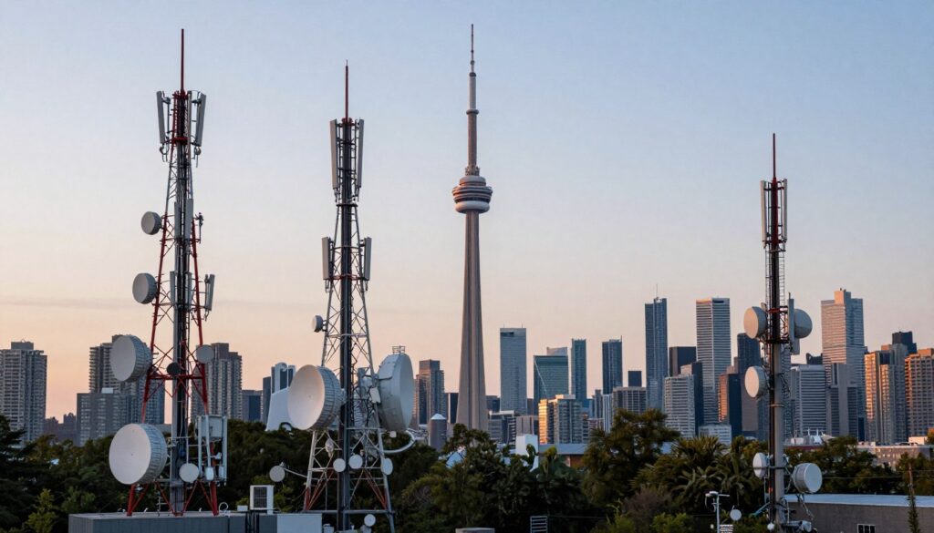 Canadian broadcasting towers and telecommunications infrastructure across cities
