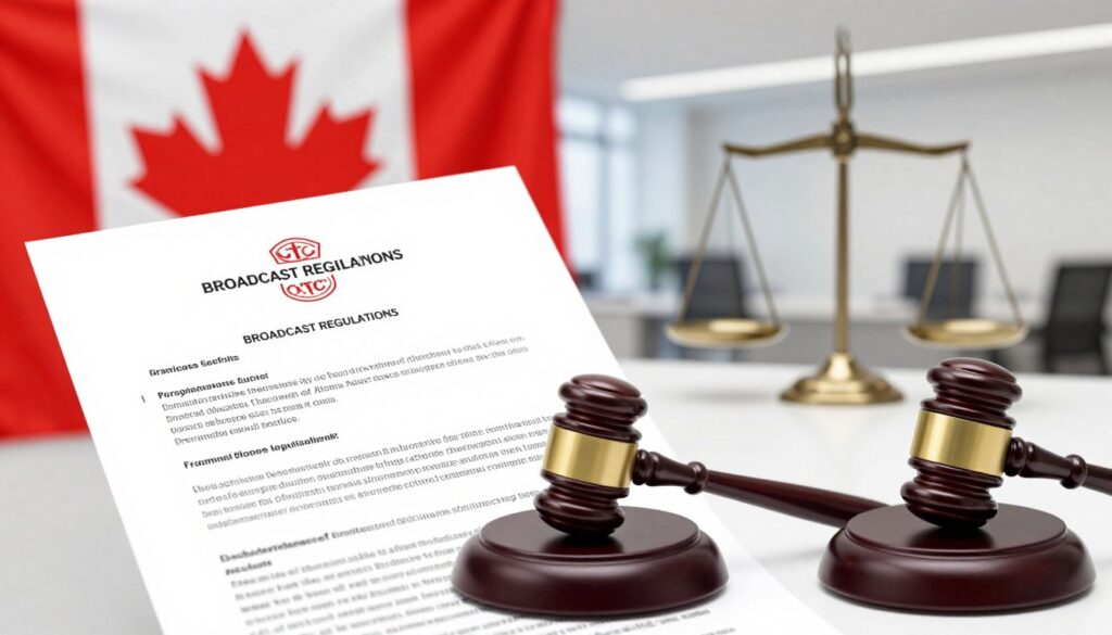 Canadian flag with legal documents and CRTC logo representing broadcast regulations