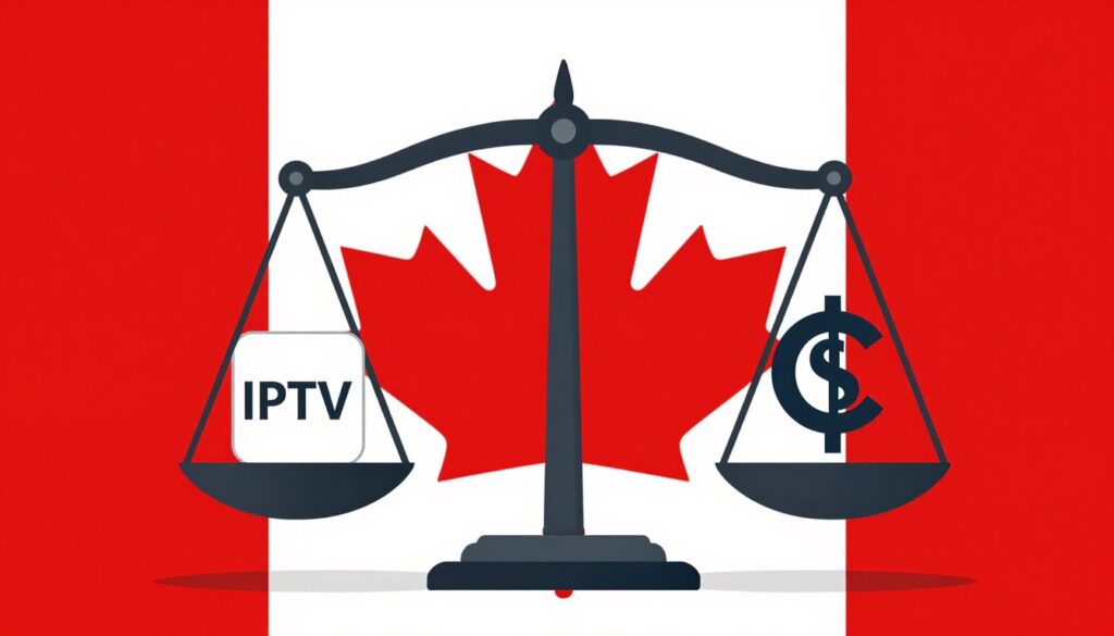 Canadian legal scales with IPTV and copyright symbols
