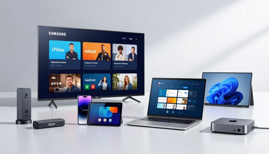 Collection of devices showing IPTV compatibility - phones, tablets, TVs, streaming boxes