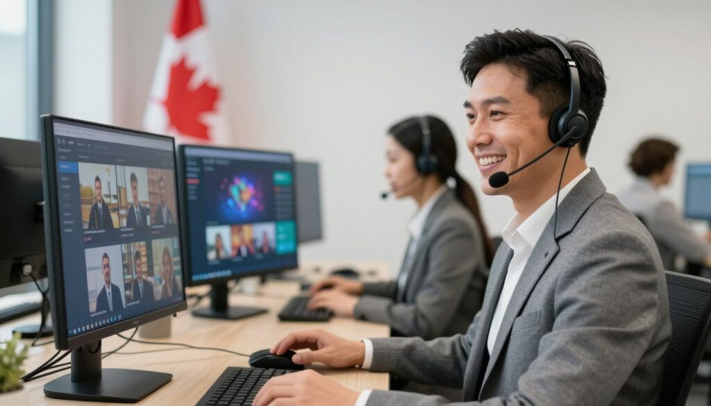 Customer service representative helping IPTV subscriber over phone in Canadian call center