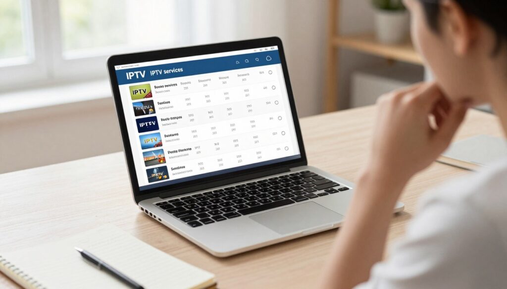 Decision-making concept showing person comparing different IPTV services on laptop