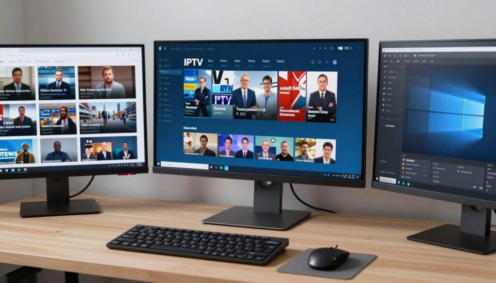 Desktop computer showing IPTV player application with live channels
