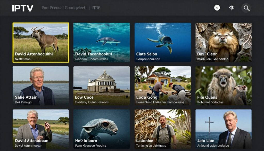 Documentary collection on IPTV showing nature, history, and science programs