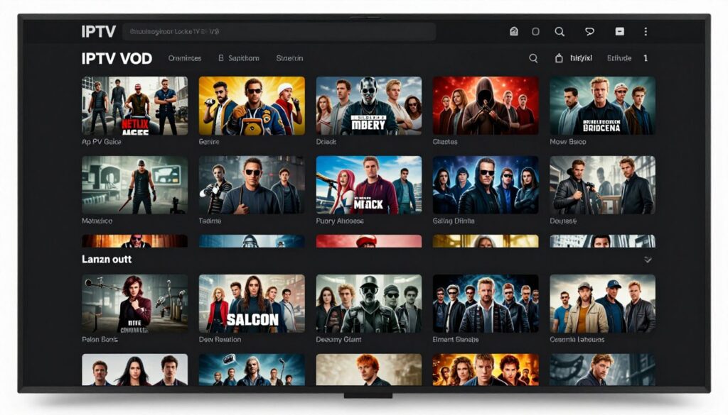 Extensive IPTV VOD library interface showing thousands of movies and TV shows