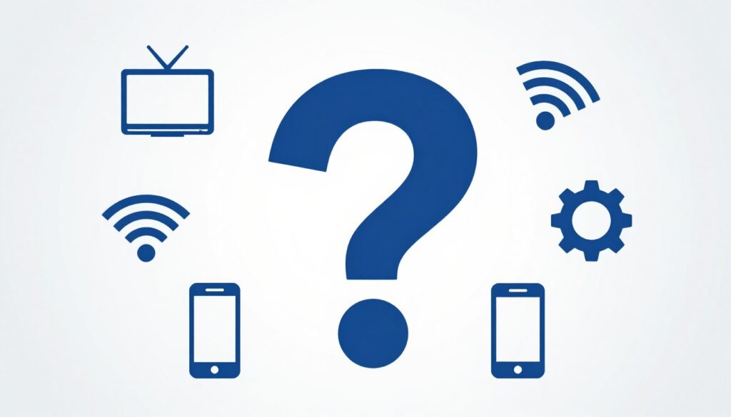 FAQ concept with question marks and IPTV related icons