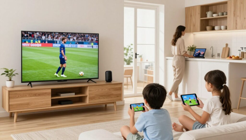 Family using IPTV on multiple devices simultaneously throughout home