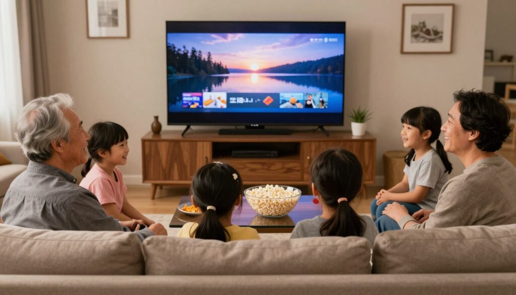 Happy Canadian family enjoying IPTV entertainment together in living room