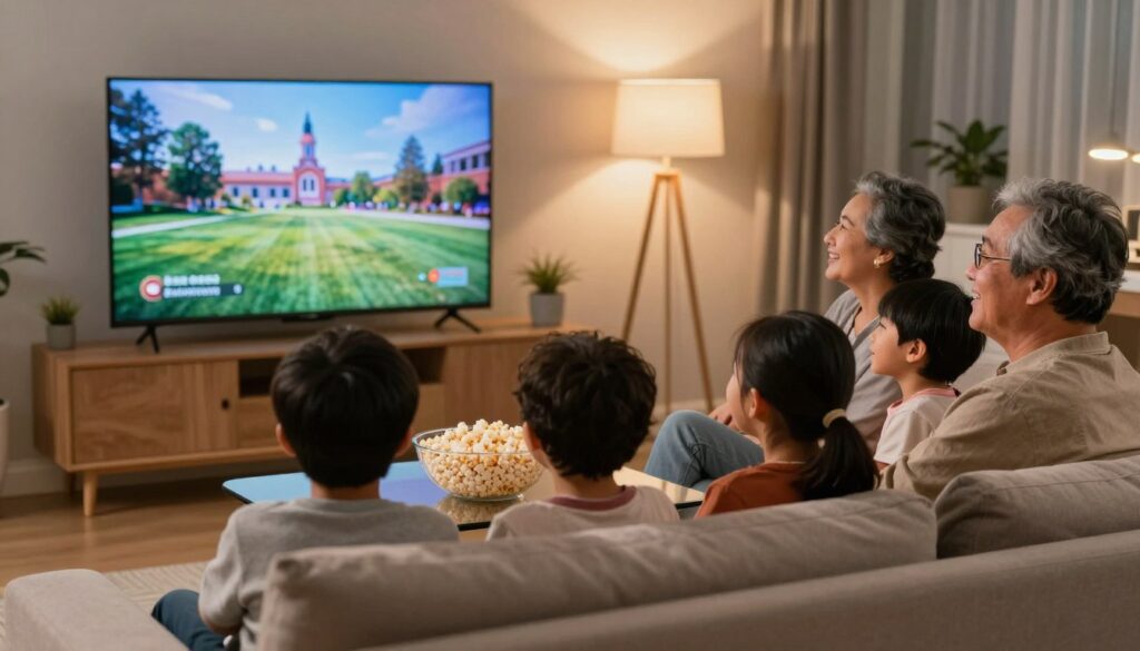 Happy Canadian family enjoying IPTV entertainment together in modern living room