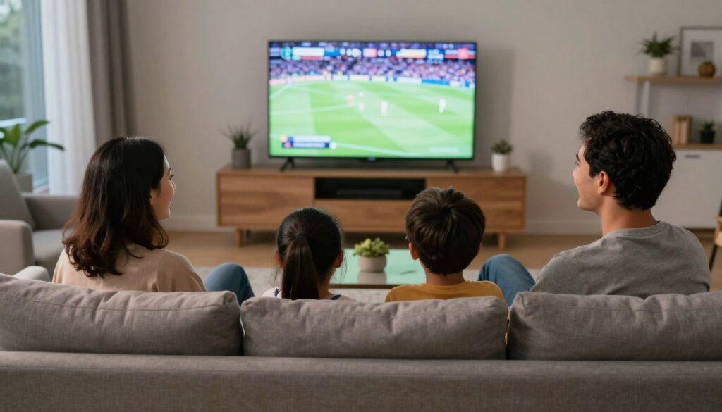 Happy Canadian family watching IPTV on large screen TV in comfortable living room