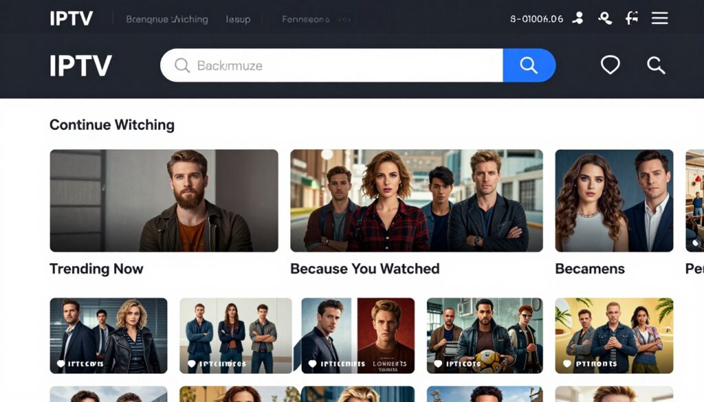 IPTV content discovery interface showing personalized recommendations and categories