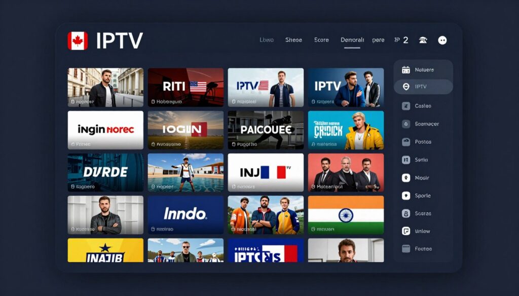 IPTV interface showing grid of international channels from various countries