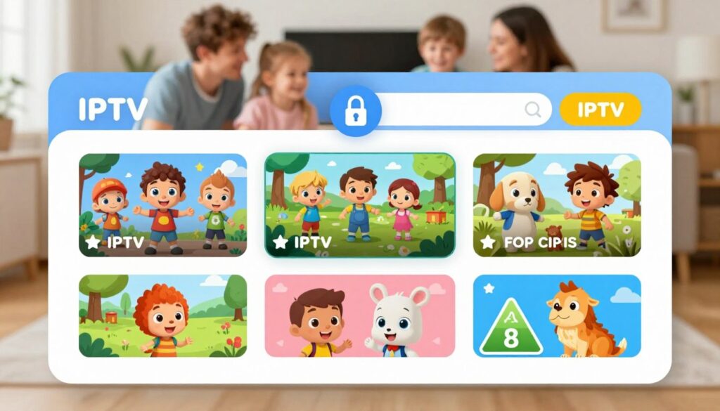 IPTV kids section showing family-friendly movies and shows with parental controls