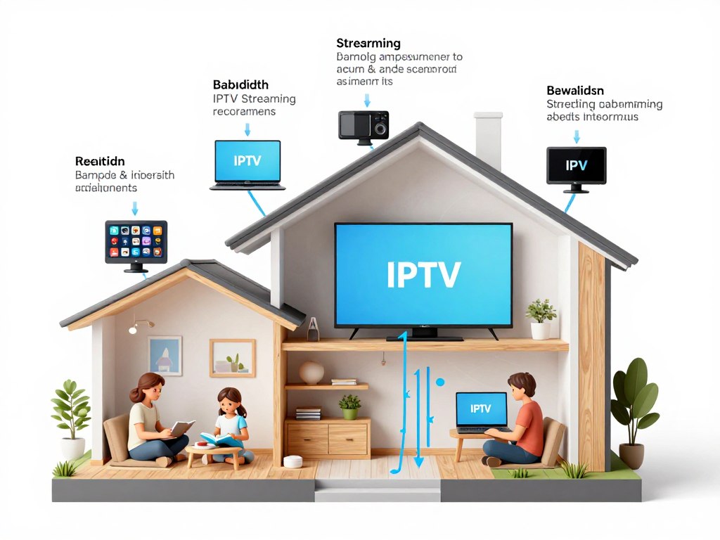 Infographic showing household with multiple devices streaming simultaneously and bandwidth allocation