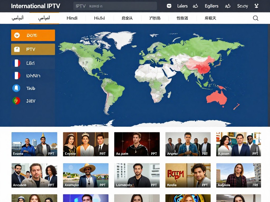 International IPTV service showing diverse language channels and global content