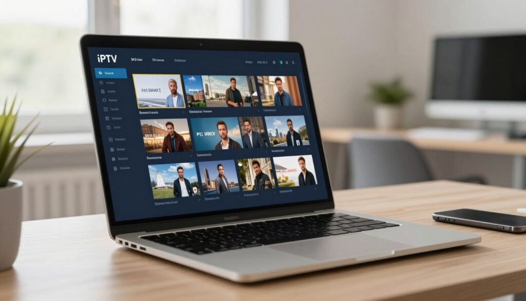 Laptop computer displaying IPTV desktop application with multiple viewing options