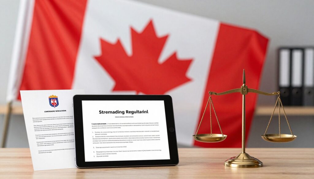 Legal compliance concept showing Canadian flag and digital streaming regulations
