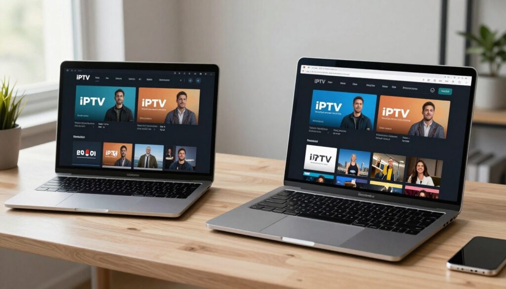 MacBook and Windows laptop both displaying IPTV content simultaneously