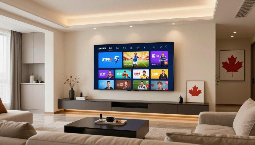 Modern Canadian living room with smart TV displaying IPTV streaming interface showing various live channels