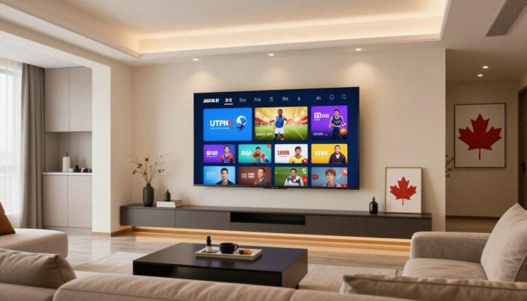Modern Canadian living room with smart TV displaying IPTV streaming interface showing various live channels