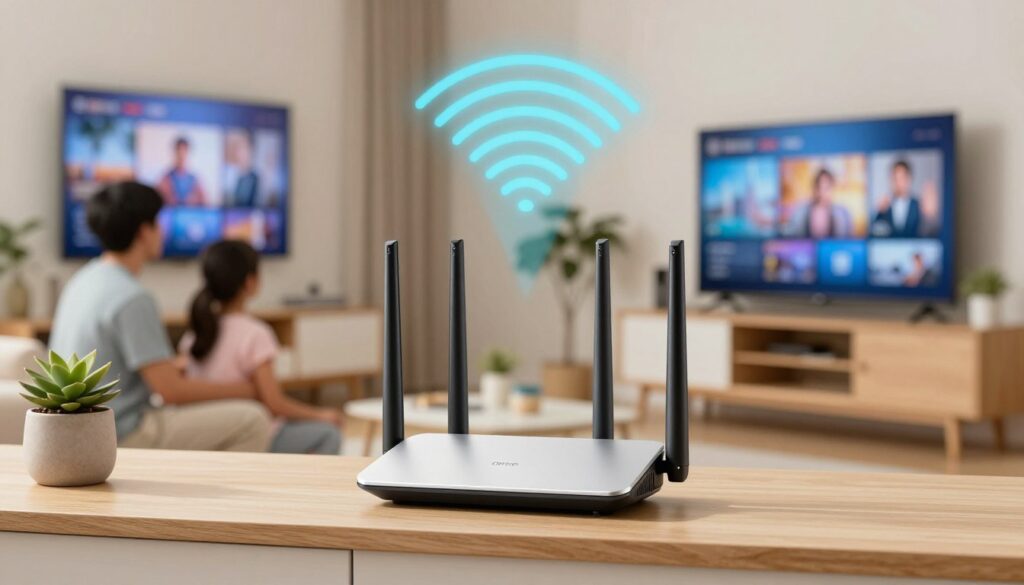 Modern WiFi router positioned optimally in home with signal strength visualization