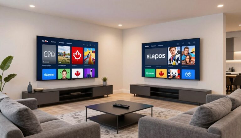 Modern living room with IPTV streaming on large smart TV showing Canadian channels