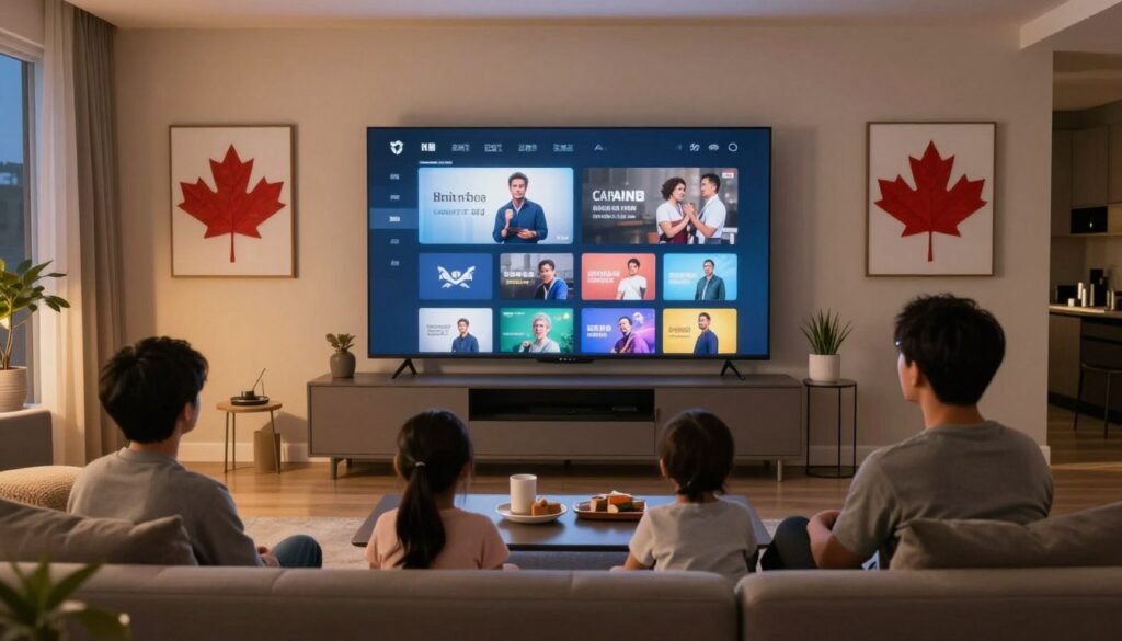 Modern living room with family watching IPTV service on smart TV in Canadian home