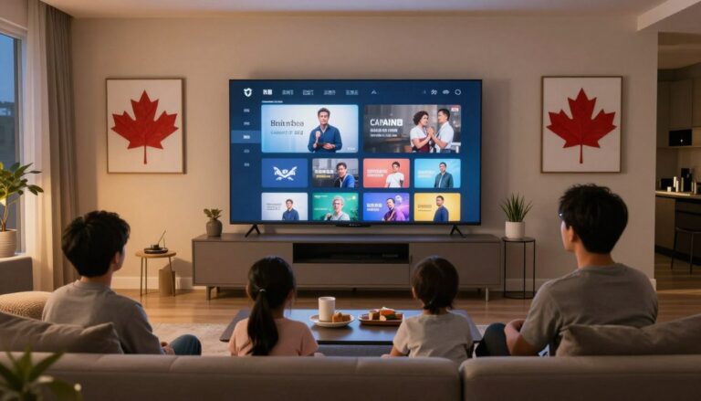Modern living room with family watching IPTV service on smart TV in Canadian home