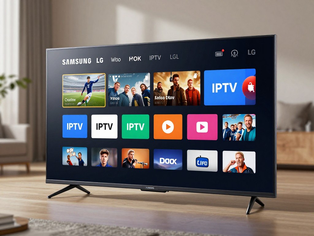 Modern smart TV displaying IPTV application home screen with channel categories