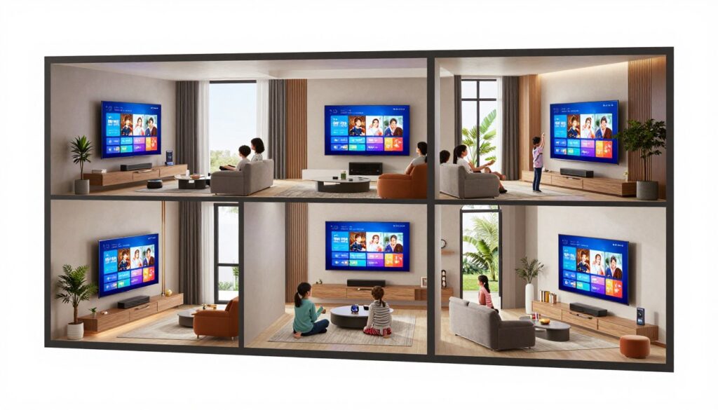 Multi-room IPTV setup showing synchronized viewing across different rooms
