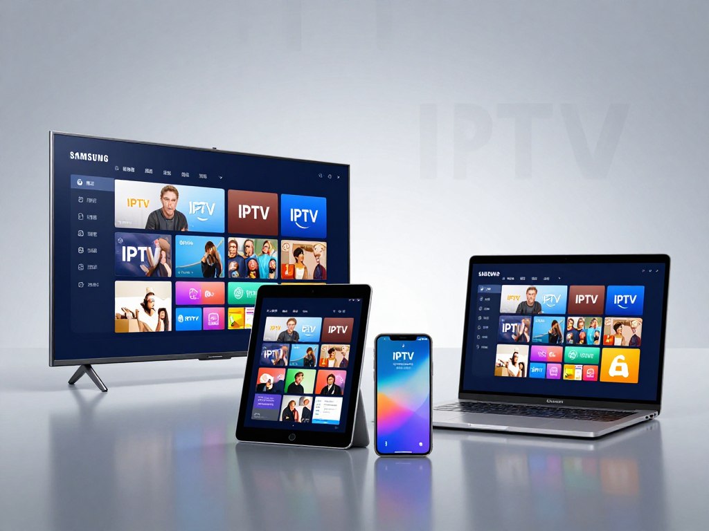 Multiple streaming devices displaying IPTV interface - smartphone, tablet, laptop, smart TV