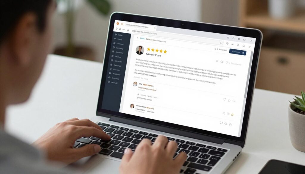 Person reading online reviews on laptop for IPTV services