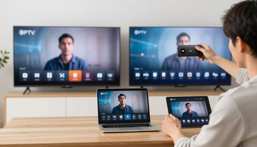 Person testing IPTV streaming quality on multiple devices