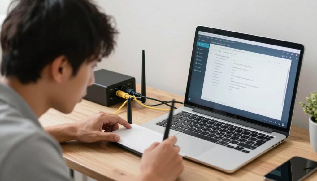 Person troubleshooting IPTV buffering issues checking router and connection