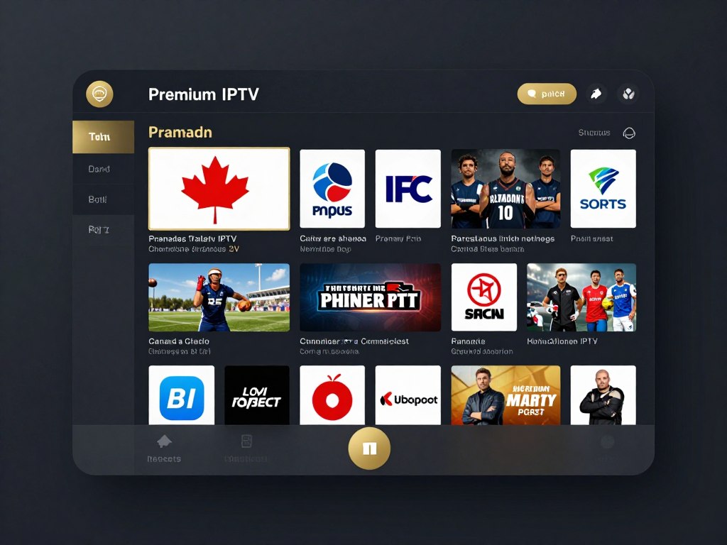 Premium IPTV service dashboard showing channel selection and features