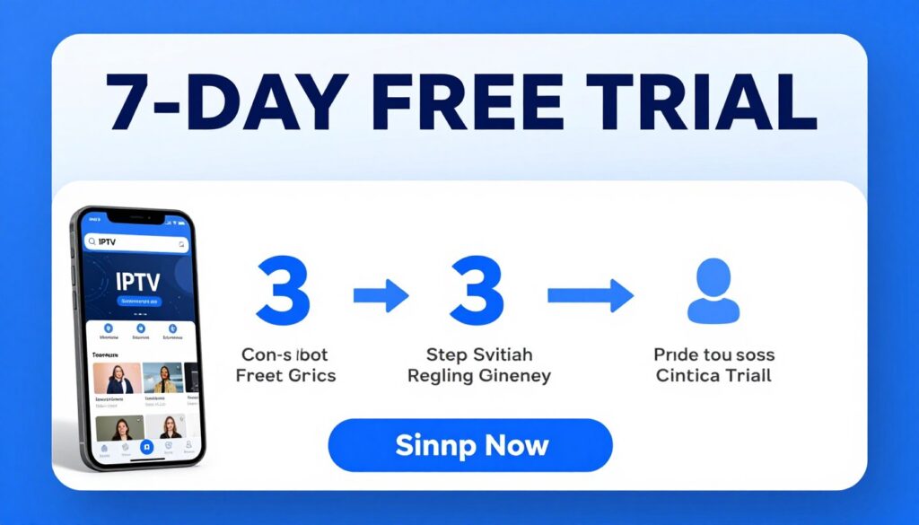 Promotional banner showing IPTV free trial offer with signup process