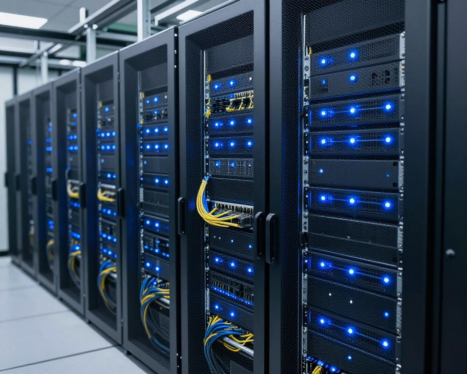 Server room showing IPTV content delivery infrastructure with rack-mounted equipment