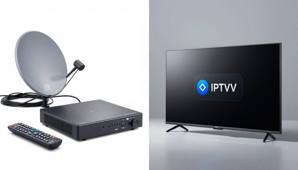 Side-by-side comparison showing traditional cable box versus modern IPTV streaming setup