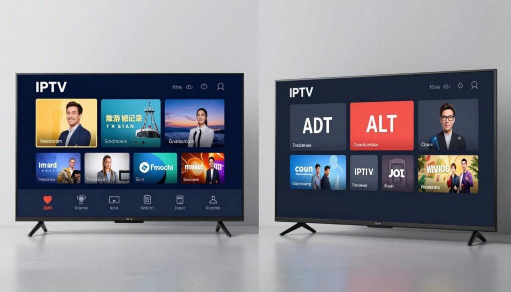 Side-by-side comparison visual of IPTV interface versus traditional cable TV menu