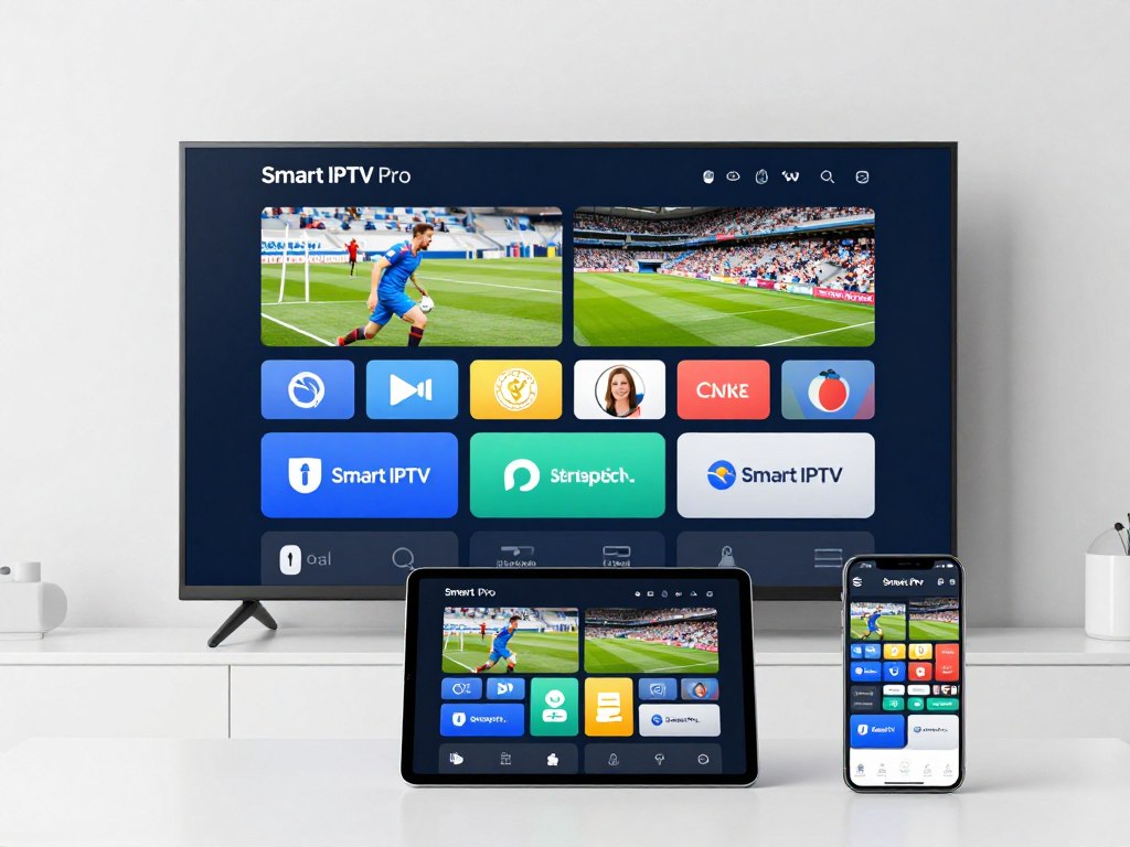 Smart IPTV Pro interface on multiple devices showing synchronized content