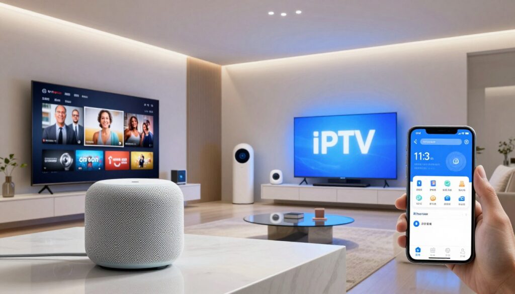 Smart home integration showing IPTV controlled by voice assistant