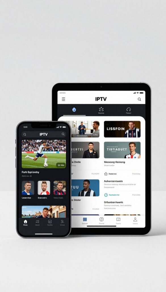 Smartphone and tablet displaying IPTV mobile app interface with channel selection