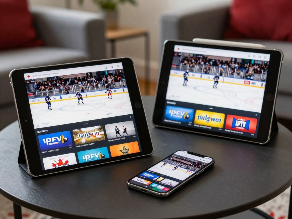 Smartphone and tablet showing IPTV streaming app with live sports content