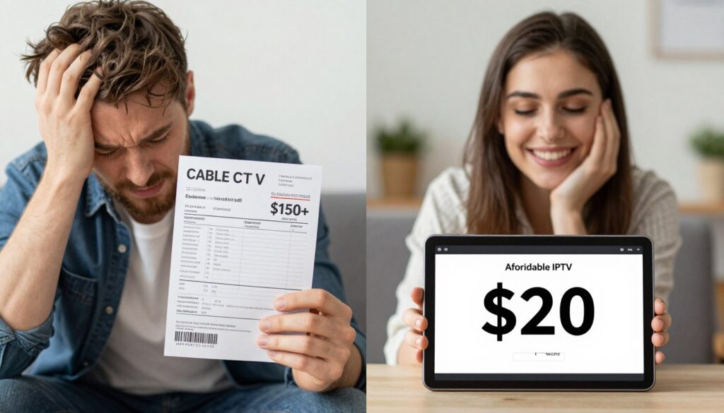 Split comparison image showing expensive cable bill versus affordable IPTV subscription cost