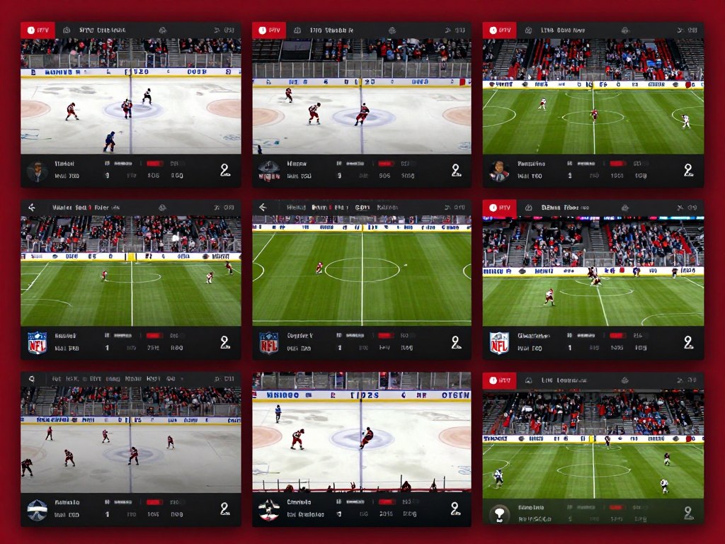 Sports-focused IPTV interface showing multiple live games and sports channels