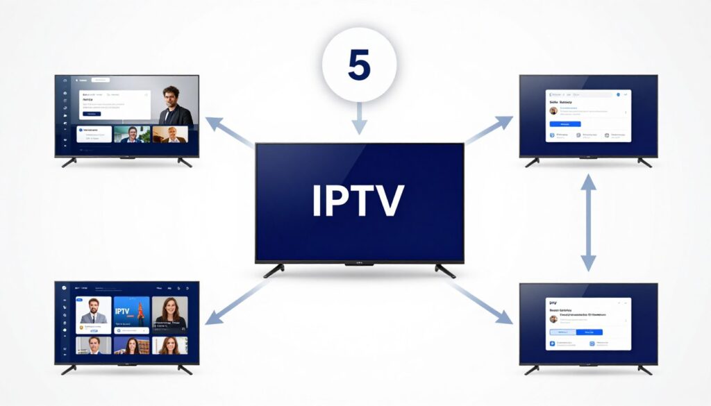 Step-by-step visual guide showing IPTV setup on smart TV