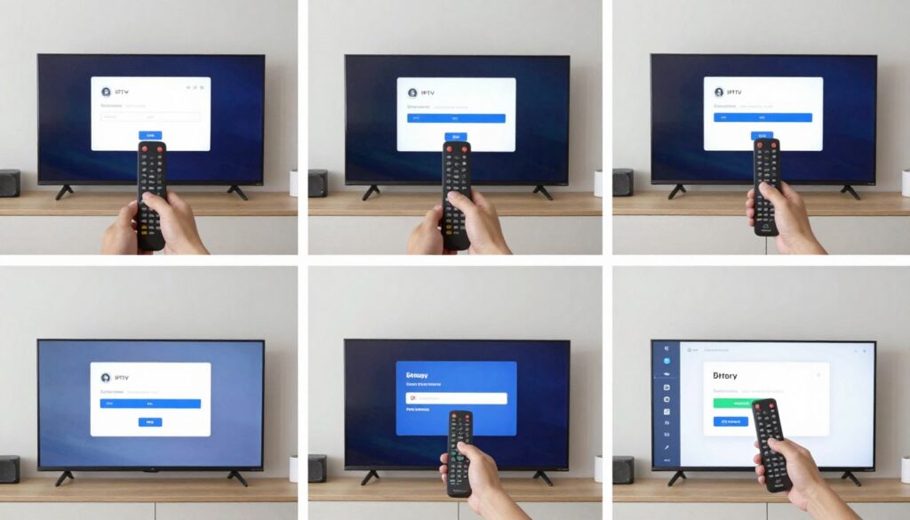 Step-by-step visual guide showing IPTV setup process on smart TV