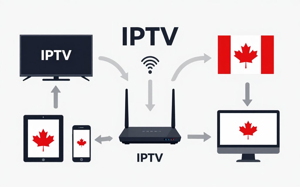 Technical diagram showing IPTV signal flow from internet source to multiple devices in Canadian home
